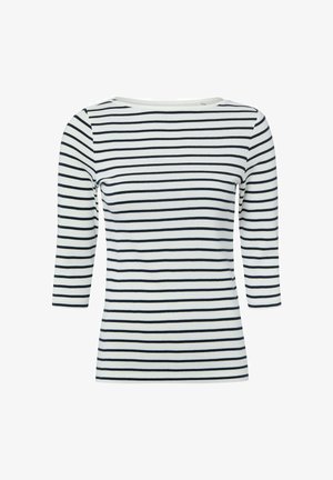 Weißes Langarmshirt mit schwarzen horizontalen Streifen und einem Bootsausschnitt, präsentiert vor weißem Hintergrund.