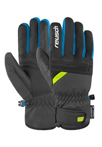 Black and grey insulated gloves with blue accents, textured grip palm, adjustable wrist strap, and reflective logo detail.