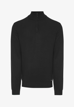 Zwarte trui met een hoge hals en ritssluiting. Gemaakt van een zacht materiaal, met lange mouwen en een fitted ontwerp. Geen patronen of accenten.