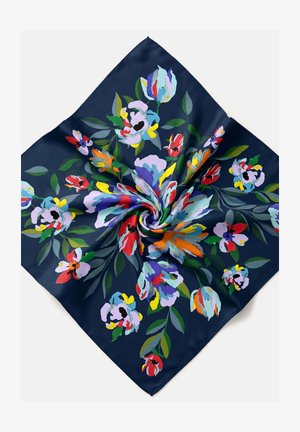 Marineblåt silkeskærf med et levende flerfarvet blomsterprint og grønne blade, arrangeret i en snoet spiralform.