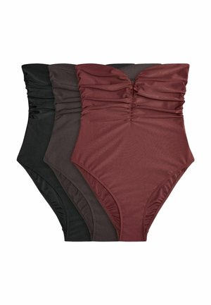 Three strapless ruched one-piece swimsuits stacked, in black, dark brown, and dark red colors, on a white background.