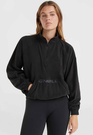 Zwarte fleece pullover met een kwart-rits, elastische manchetten en een voorkantzak; voorzien van het "O'Neill"-logo in een contrasterende kleur.