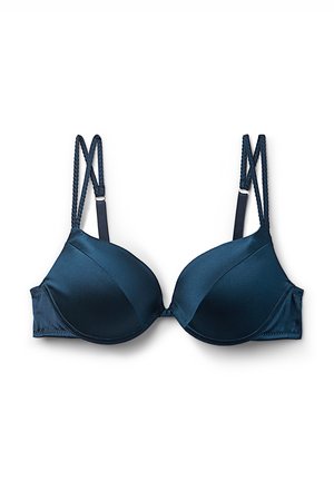 Navy satin bra with molded cups, adjustable braided straps, and underwire support. Smooth texture with seamless design and no visible hardware.