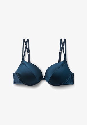 Marine satijnen bh met gevormde cups, verstelbare gevlochten bandjes en onderdraadsteun. Soepele textuur met naadloos ontwerp en geen zichtbare hardware.