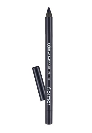 Black Flormar Extreme Tattoo gel pencil with removed cap showing pointed tip for eye makeup application.