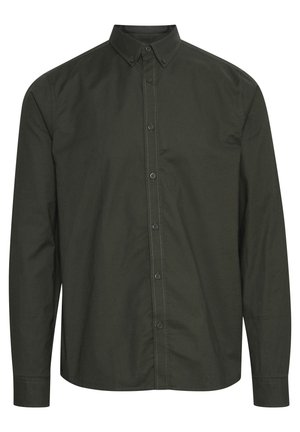 Dark green button-up shirt, long sleeves, soft cotton fabric, pointed collar, six buttons down the front, subtle stitching details.