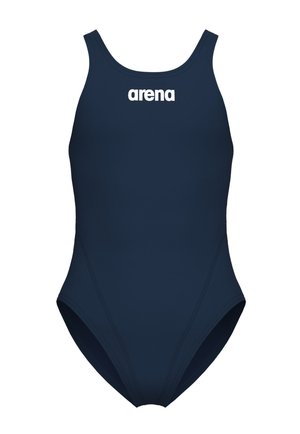 Bañador azul marino de una pieza con tirantes gruesos y el logo blanco "arena" centrado en el pecho.