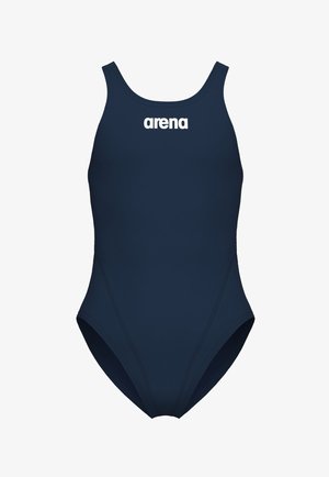 Navyblå badedragt med tykke stropper og hvid "arena"-logo centreret på brystet.