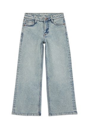 Jeans di denim a gamba larga di colore azzurro chiaro con bottoni e cerniera frontali, passanti per cintura e cinque tasche, con etichetta Blue Ridge all'interno della cintura.