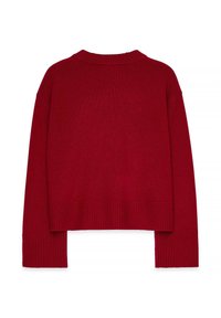 Maglione rosso corto con scollo a coste e ampi polsini a coste. Tessuto morbido a maglia con vestibilità rilassata, senza decorazioni.