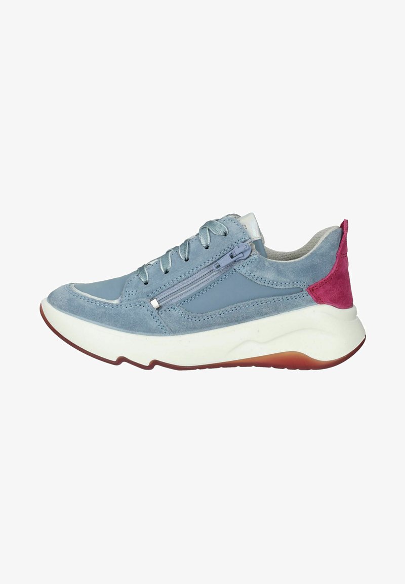 Light blue sneaker with a suede finish, contrasting pink accent at heel, zippered side, and white midsole with brown rubber outsole.