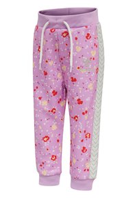 Lila Jogginghose mit einem floralen Muster in Rot, Gelb und Weiß. Mit Kordelzugbund und gemustertem Seitenpaneel. Weicher Stoff.