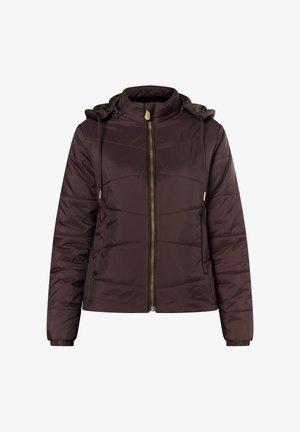 Tmavě hnědá péřová bunda se zipem vpředu, vysokým límcem a nastavitelnou kapucí. Obsahuje vertikální švy a zlaté kovové detaily.