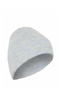 Berretto lavorato a maglia di colore blu chiaro con una texture a coste e sottili macchie gialle, progettato per adattarsi perfettamente alla testa.