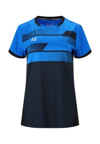 Kortärmad sporttröja i blått med mörkblå accenter, med rundad halsringning, horisontella ränder och logotypdetalj på bröstet.