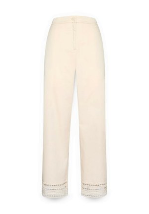 Krémové kalhoty s širokými nohavicemi, zapínáním na knoflíky a krajkovými ozdobami na lemu.