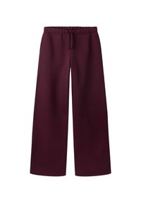 Široké vínové kalhoty s elastickým pasem a předním stahovacím šňůrkem, vyrobené z měkké a pohodlné látky.