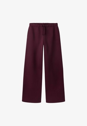 Pantalones de pierna ancha en color burdeos con cintura elástica y cordón delantero, hechos de una tela suave y cómoda.