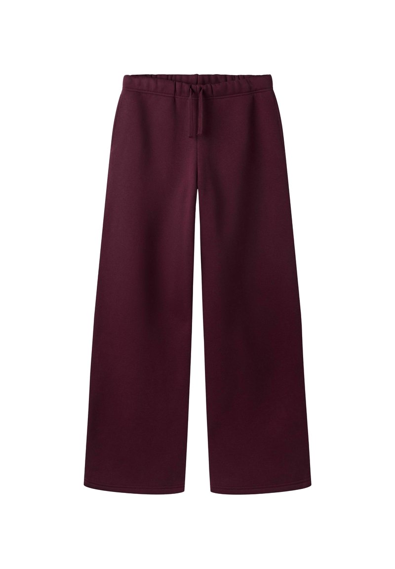 Široké vínové kalhoty s elastickým pasem a předním stahovacím šňůrkem, vyrobené z měkké a pohodlné látky.