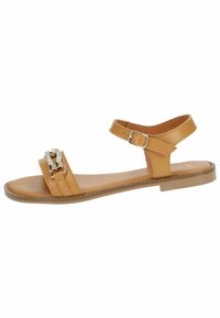 Braune Leder-Sandale mit zwei horizontalen Riemen, verstellbarem Kn�öchelriemen, silberner Schnalle und flacher Sohle. Glatte Textur mit minimalen Nähten.