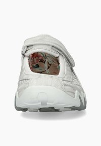 Light gray sneaker featuring a textured fabric upper, Velcro strap, and floral-patterned interior. White rubber sole with a patterned tread.