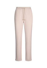 Helle beige Jogginghosen aus glattem Stoff, mit elastischem Bund und Kordelzug sowie goldfarbenen Hardware-Details.