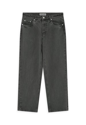 Jeans in denim nero con vestibilità dritta, cinque tasche, rivetti in metallo e etichetta con marchio in vita.