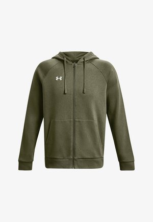 Oliivroheline lukuga kapuutsiga sviiter, raglanvarrukatega, kahe esikotiga ja valge logoga vasakul rinnal, valmistatud pehmest ja tekstuurist kangast.