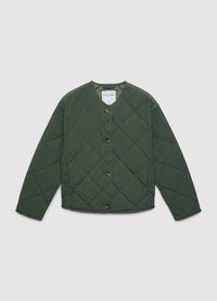 Gesteppte grüne Jacke mit rundem Ausschnitt, Knöpfen vorne und langen Ärmeln. Hergestellt aus leichtem Material mit strukturierter Oberfläche.