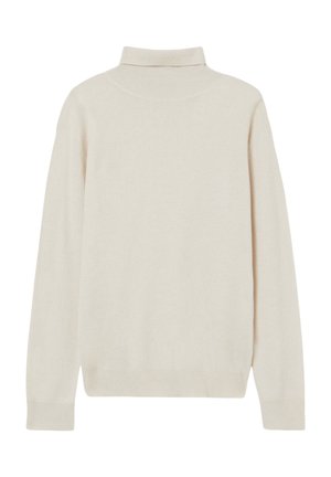 Maglione a collo alto beige realizzato in morbido tessuto a maglia, caratterizzato da maniche lunghe, polsini a coste e una silhouette dritta senza motivi o dettagli.