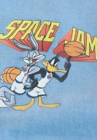 Bugs Bunny et Daffy Duck en tenue de basket-ball jouant avec des ballons de basket sous le texte en gras « Space Jam » sur un tissu bleu.