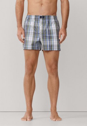 Heren boxershorts met geruit patroon in groen, blauw en wit, voorzien van een knoopsluiting aan de voorkant, een elastische tailleband en lichtgewicht stof met een geruit motief.