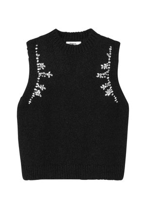 Pull sans manches noir en tricot orné de décorations florales en strass sur les épaules, avec un col montant et un ourlet côtelé.