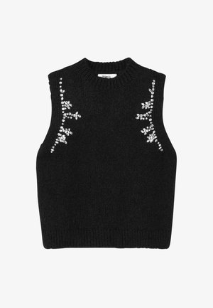 Pull sans manches noir en tricot orné de décorations florales en strass sur les épaules, avec un col montant et un ourlet côtelé.