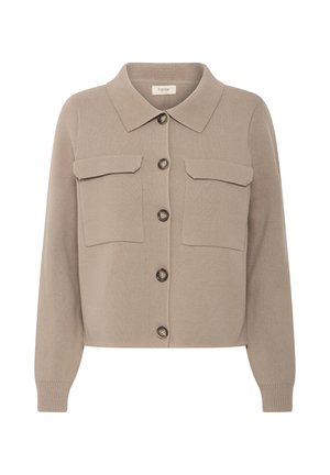 Beige knitted cardigan with a collared neckline, front button closure, two chest pockets, and ribbed cuffs. Textured fabric and relaxed fit.