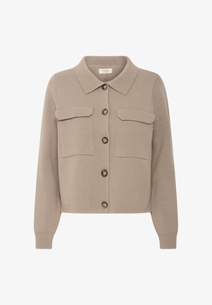 Beige gebreide cardigan met een kraag, sluiting met knopen aan de voorkant, twee borstzakken en geribbelde mouwen. Gelaagd stof en ontspannen pasvorm.