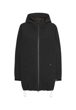 Chaqueta de lluvia negra hasta la rodilla con capucha, dos bolsillos frontales y dobladillo con cordón. Presenta un cierre con cremallera y un patrón texturizado sutil.