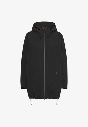 Chaqueta de lluvia negra hasta la rodilla con capucha, dos bolsillos frontales y dobladillo con cordón. Presenta un cierre con cremallera y un patrón texturizado sutil.