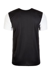 Schwarz-weißer T-Shirt mit kurzen Ärmeln und glatter Stoffoberfläche, mit einem einfarbigen schwarzen Rücken und weißen Ärmeln.