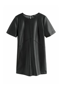 Kortærmet sort faux læderkjole med rund halsudskæring og synlige sømdetaljer, nøglehulsknaplukning bagpå.