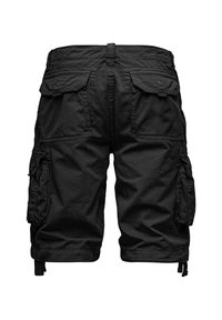 Schwarze Cargo-Shorts mit mehreren Seitentaschen, aus leichtem Stoff gefertigt, mit einem atmungsaktiven Design und verstellbarem Kordelzug am Saum.