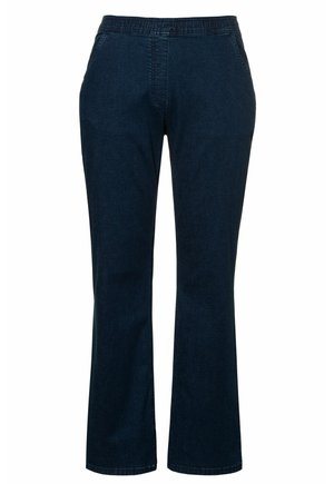 Pantalons en denim bleu foncé avec une taille élastique, coupe droite et poches latérales. Présente des détails de couture subtils sur les coutures.