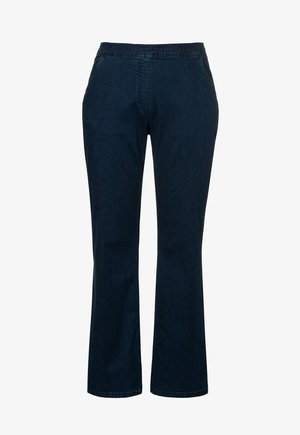 Dunkelblaue Denim-Hosen mit elastischem Bund, geradem Bein-Design und Seitentaschen. Mit subtilen Nähten an den Bündchen.