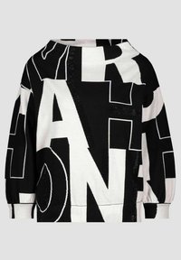 Felpa a maniche lunghe bianca e nera con un motivo a righe, caratterizzata da lettere stampate in grassetto, una vestibilità ampia e maniche a sbuffo realizzate in morbido cotone.