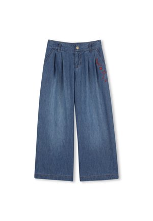 Wijde denim culottes in mediumblauw met een knoopsluiting. Voorzien van decoratieve rode borduursels van sterren en een maansikkel aan de voorkant.