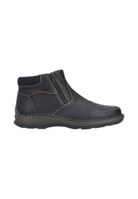 Schwarze Lederstiefeletten mit strukturierter Oberfläche, ausgestattet mit einem seitlichen Reißverschluss und kontrastierenden braunen Nähten. Gummisohle mit leichtem Grip.
