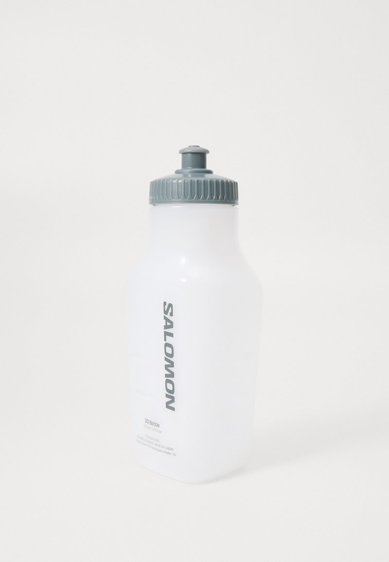 Clear plastic water bottle with a gray screw cap, featuring a textured grip and "SALOMON" printed along the side in gray.