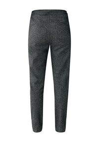 Kalhoty s šedým houndstooth vzorem a přiléhavým střihem, které mají plochý pás a dvě zadní kapsy. Hladká textura, rovný střih nohavic.