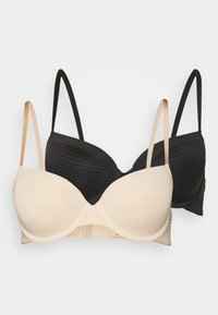 Two bras: one beige with smooth fabric and molded cups, the other black with ribbed texture. Both feature adjustable straps and underwire.