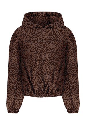 Brun hættejakke med mørkt leopardmønster, elastiske manchetter og taljebånd, løs pasform, afslappet stil.